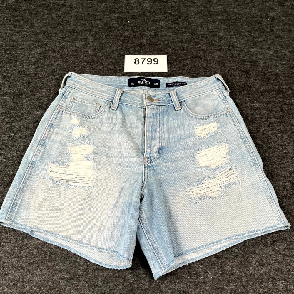 Hollister High Rise Boyfriend Shorts Womens 7 Blue Denim Flat Front Distressed